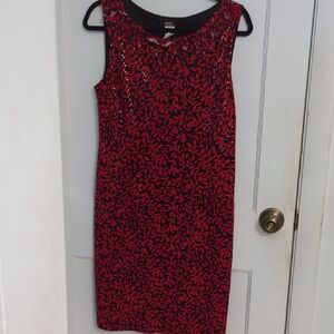 MSK Sz L Black and Red Leaf Print Midi Dress with Sequins